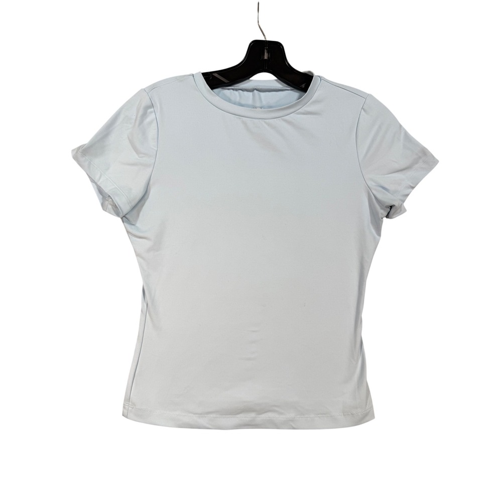 Y2K Style Short Sleeve Athletic Top Light Blue Crew Neck Slim Fit Small